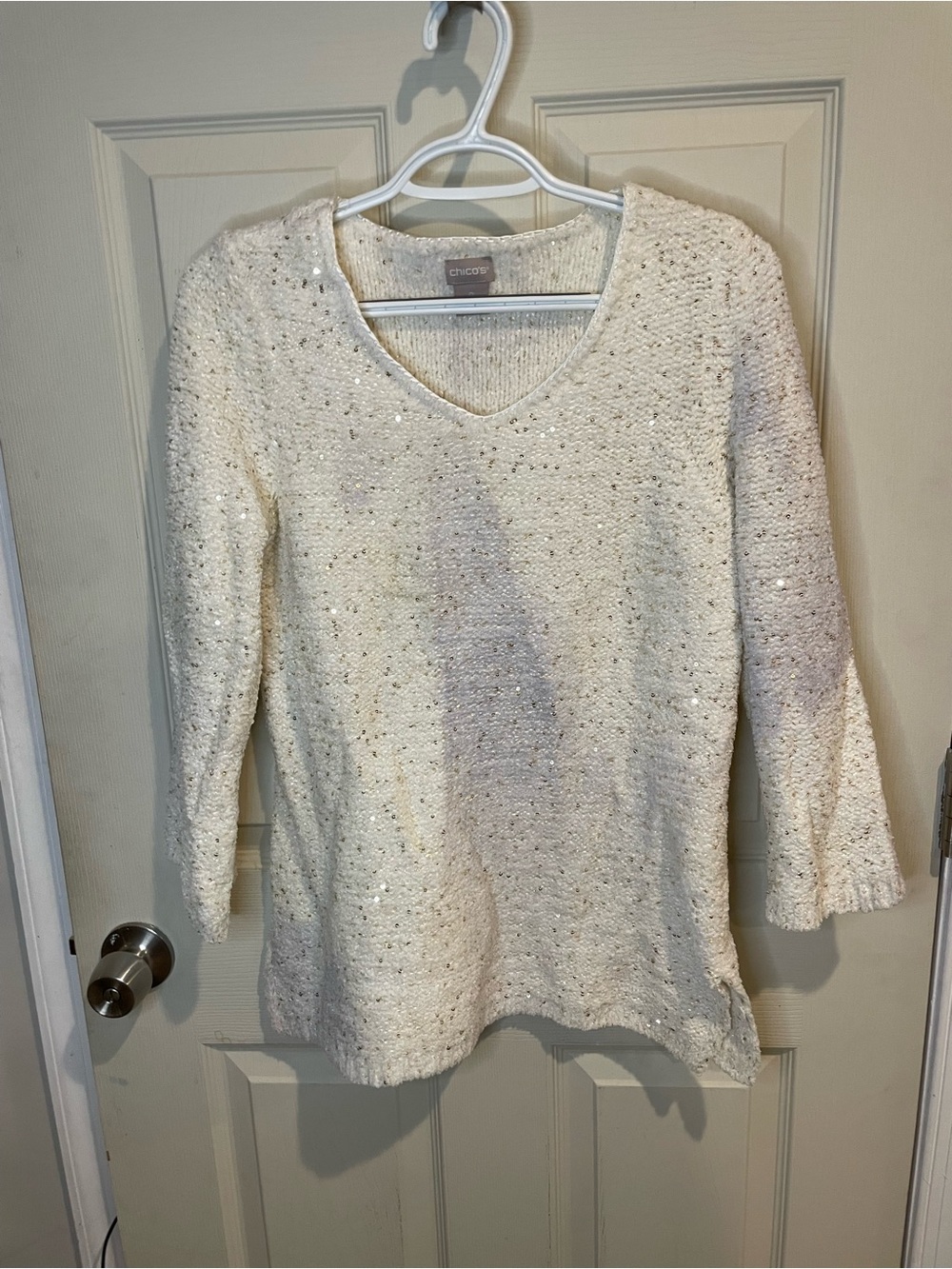 Chico's Cream V-Neck Sequin Knit Pullover